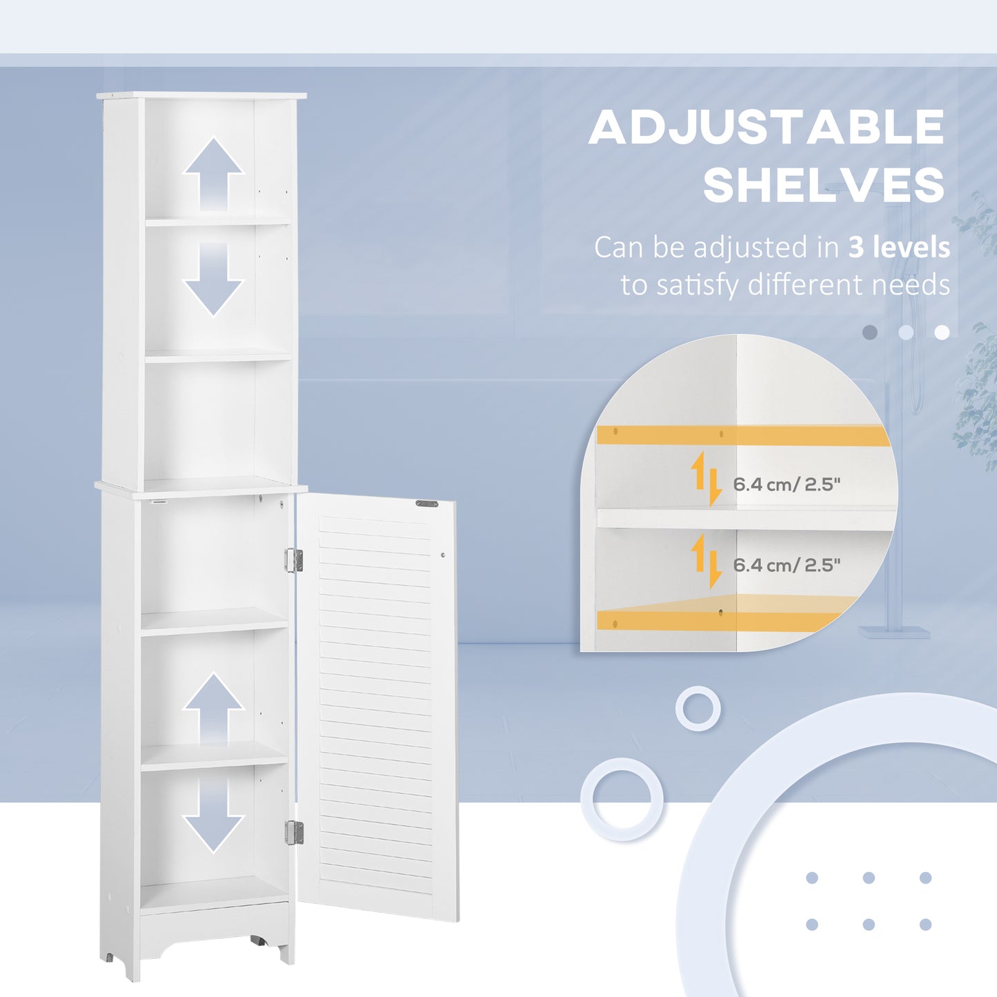 White HOMCOM tall slim bathroom storage cabinet with adjustable shelves and shutter door for organized bathroom space.