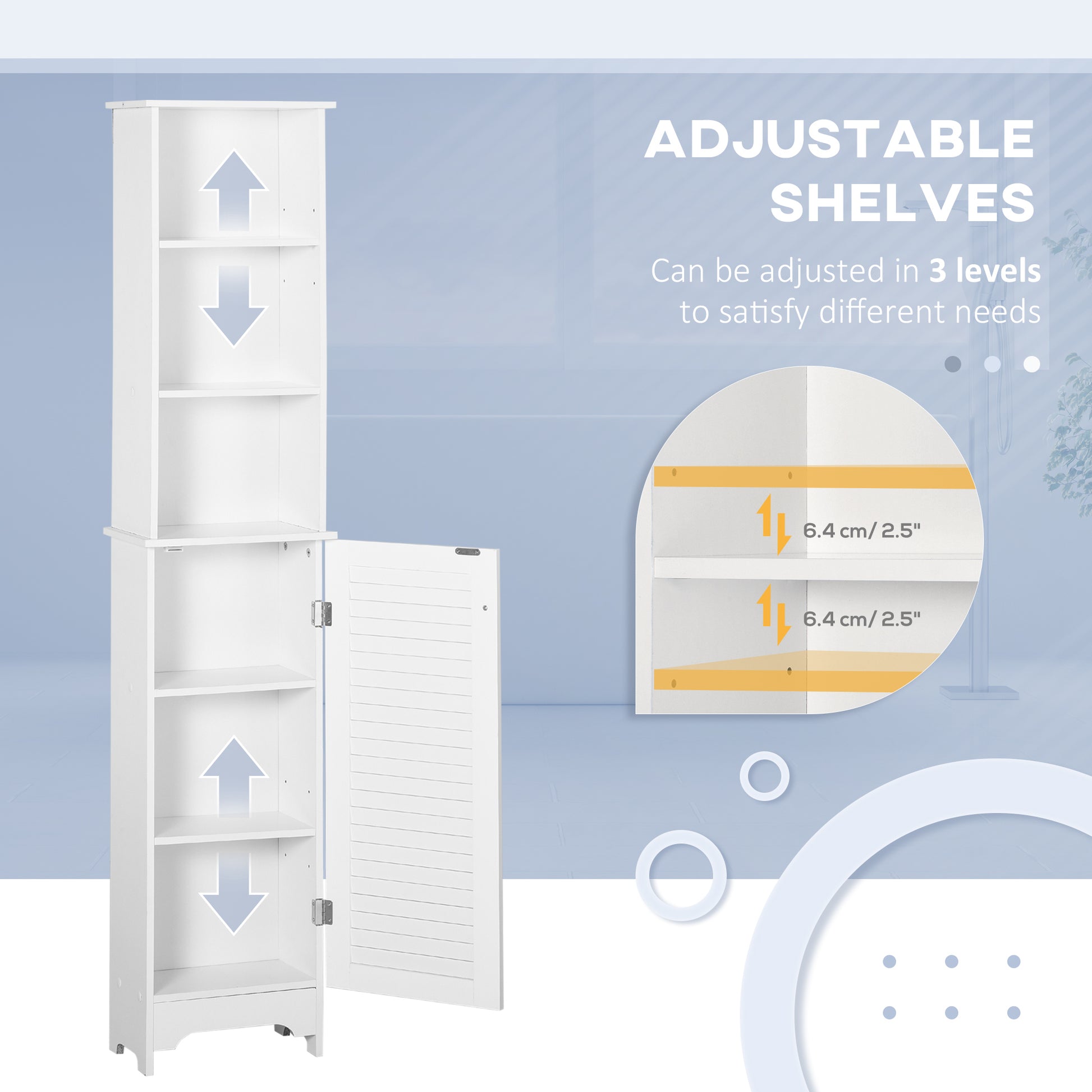 White HOMCOM tall slim bathroom storage cabinet with adjustable shelves and shutter door for organized bathroom space.