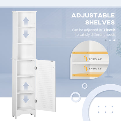 White HOMCOM tall slim bathroom storage cabinet with adjustable shelves and shutter door for organized bathroom space.
