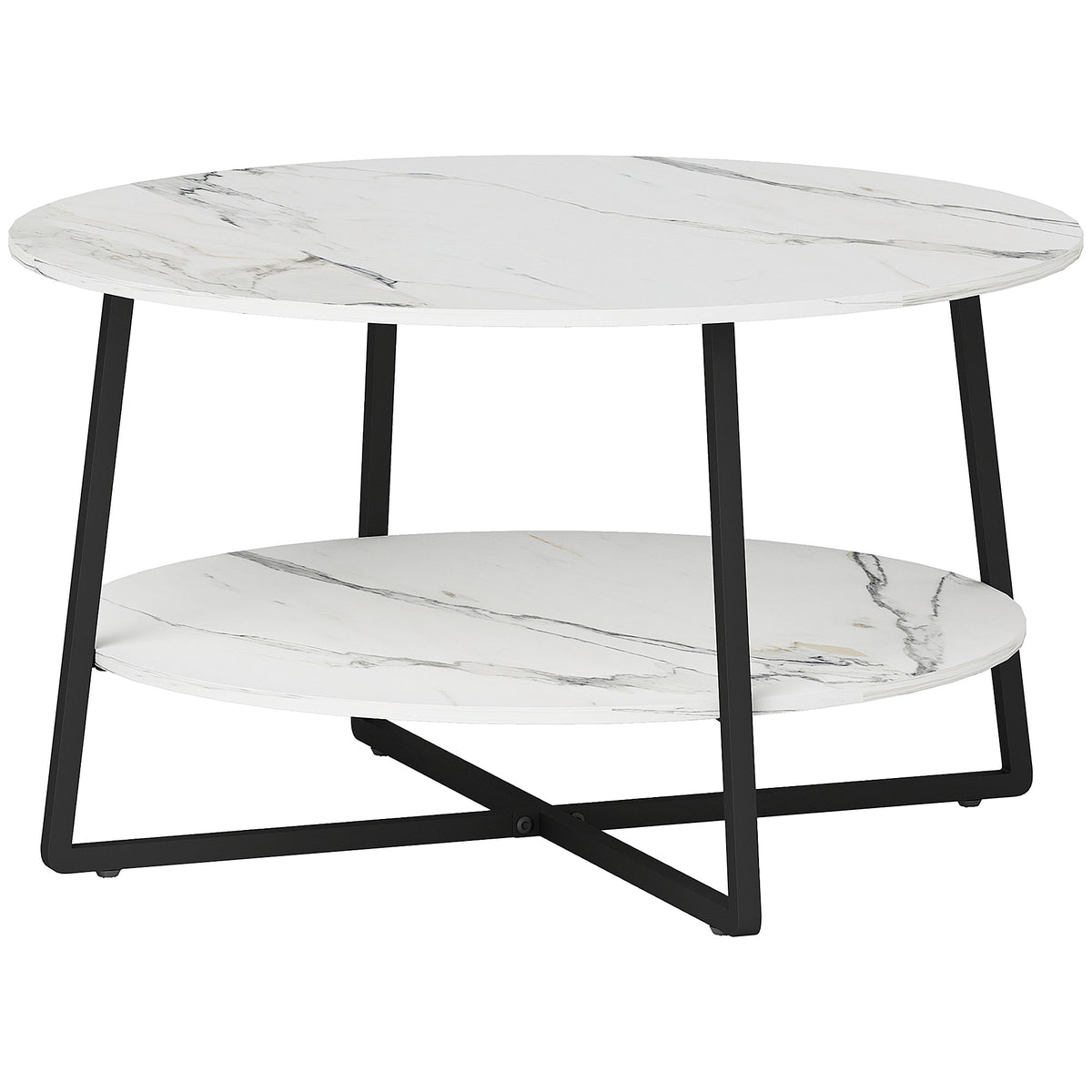 HOMCOM two-tier marble-effect coffee table in white and black with sleek modern design and smooth surface.