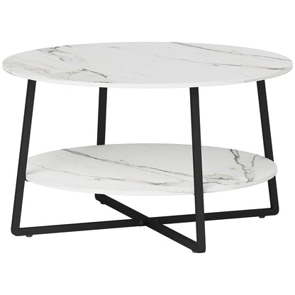 HOMCOM two-tier marble-effect coffee table in white and black with sleek modern design and smooth surface.