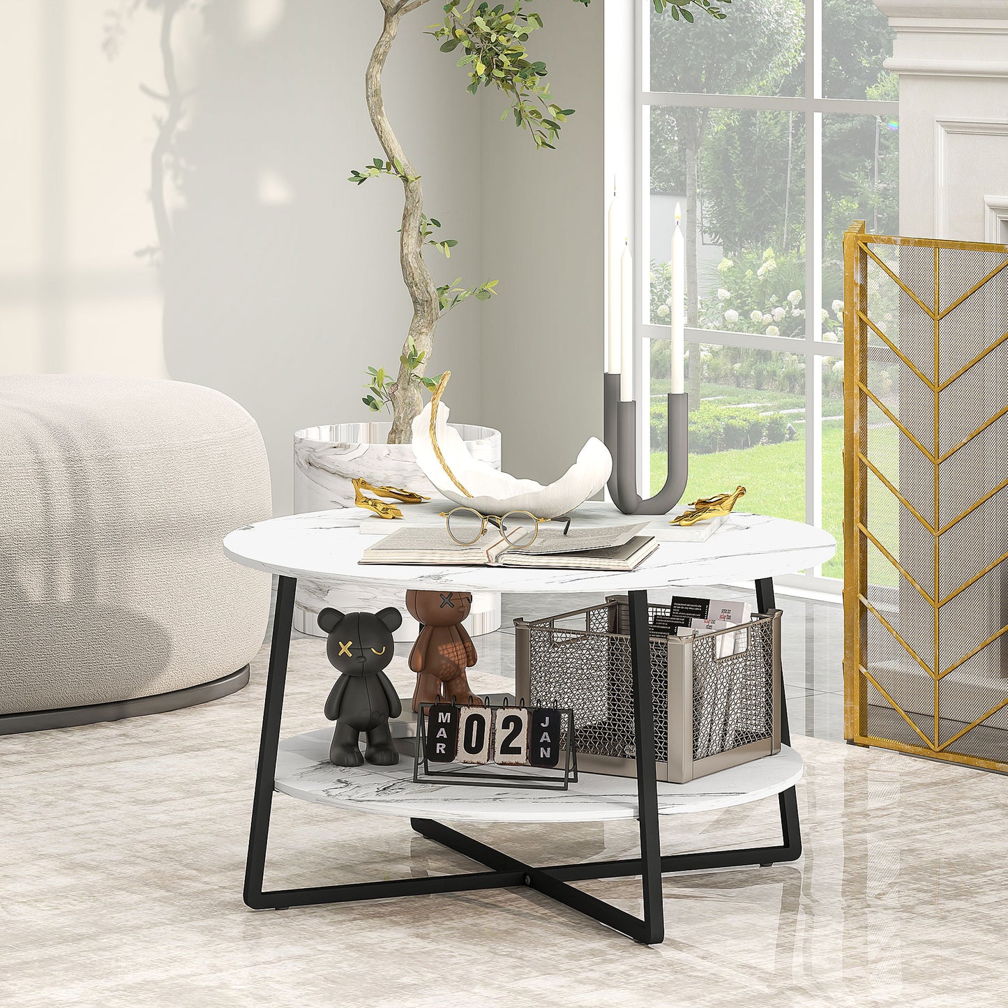 White and black two-tier marble-effect coffee table by HOMCOM, showcasing modern design with sleek marble pattern and sturdy structure.