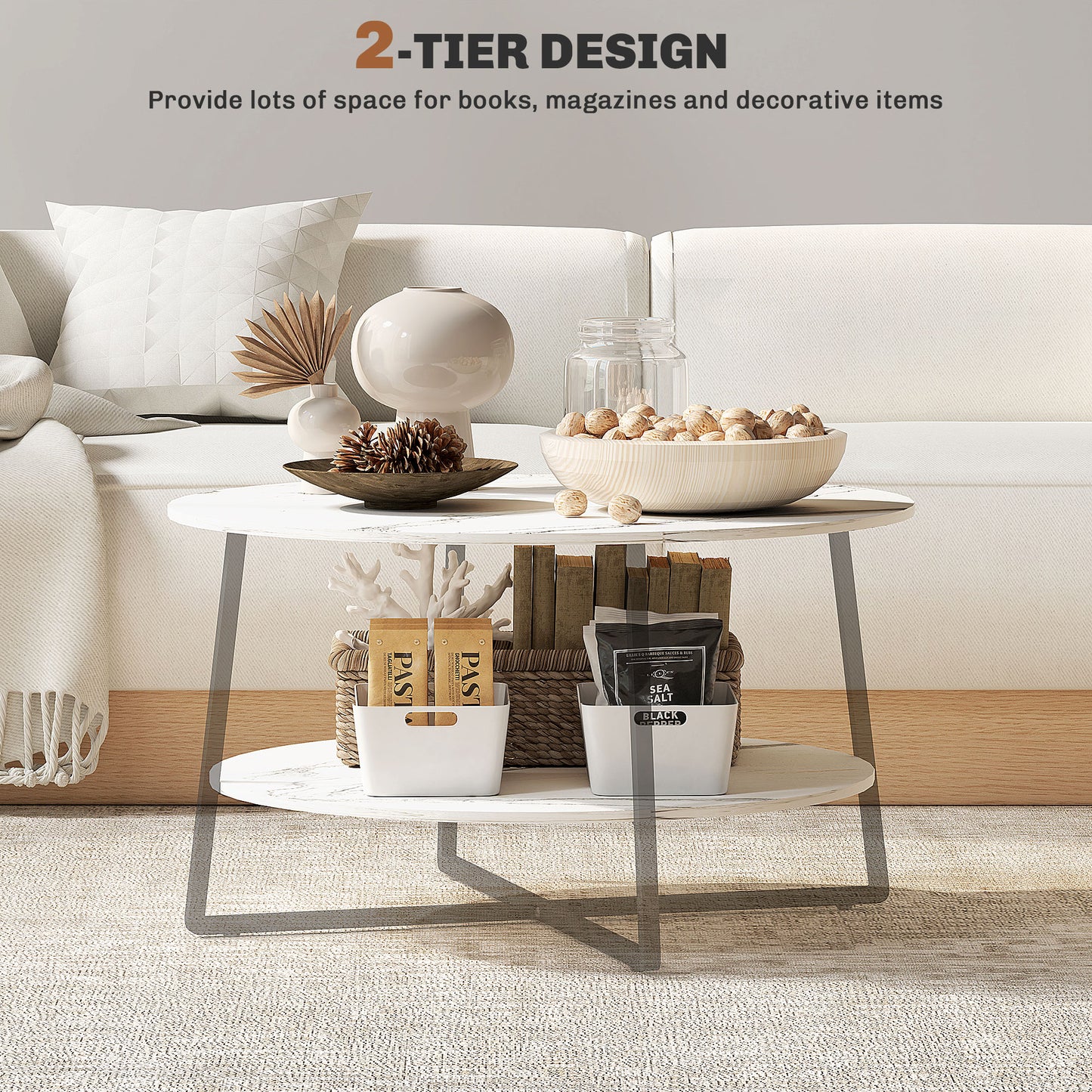 White and black two-tier marble-effect coffee table by HOMCOM with modern design and sleek surface.