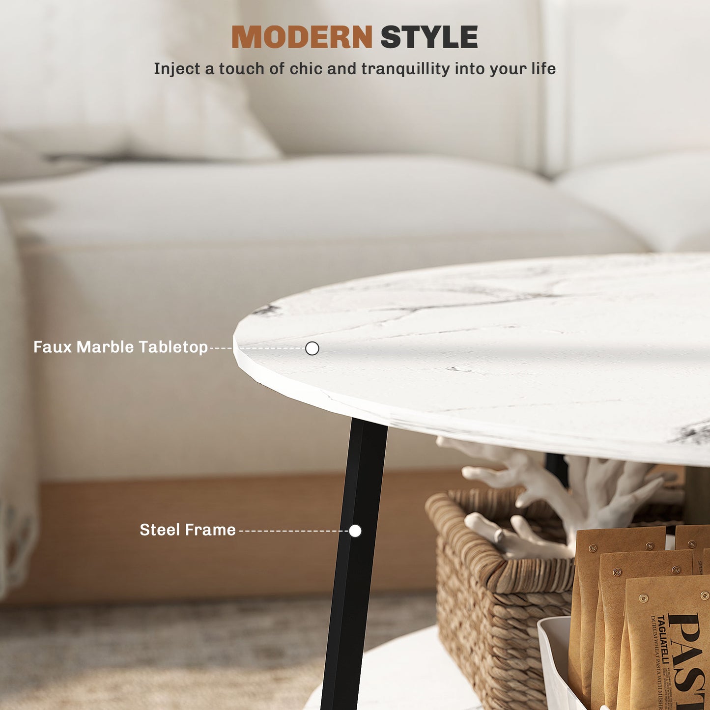 HOMCOM two-tier white and black marble-effect coffee table with sleek modern design and sturdy metal frame.