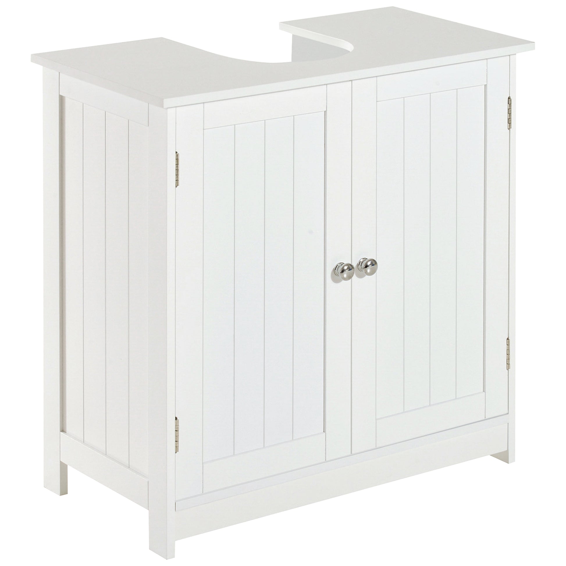 White HOMCOM under sink bathroom storage cabinet with two layers, wooden vanity unit for organized bathroom space.