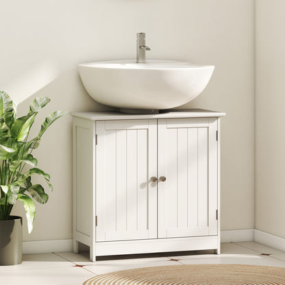 White HOMCOM under sink bathroom storage cabinet with two wooden layers, compact vanity unit for organized bathroom space.