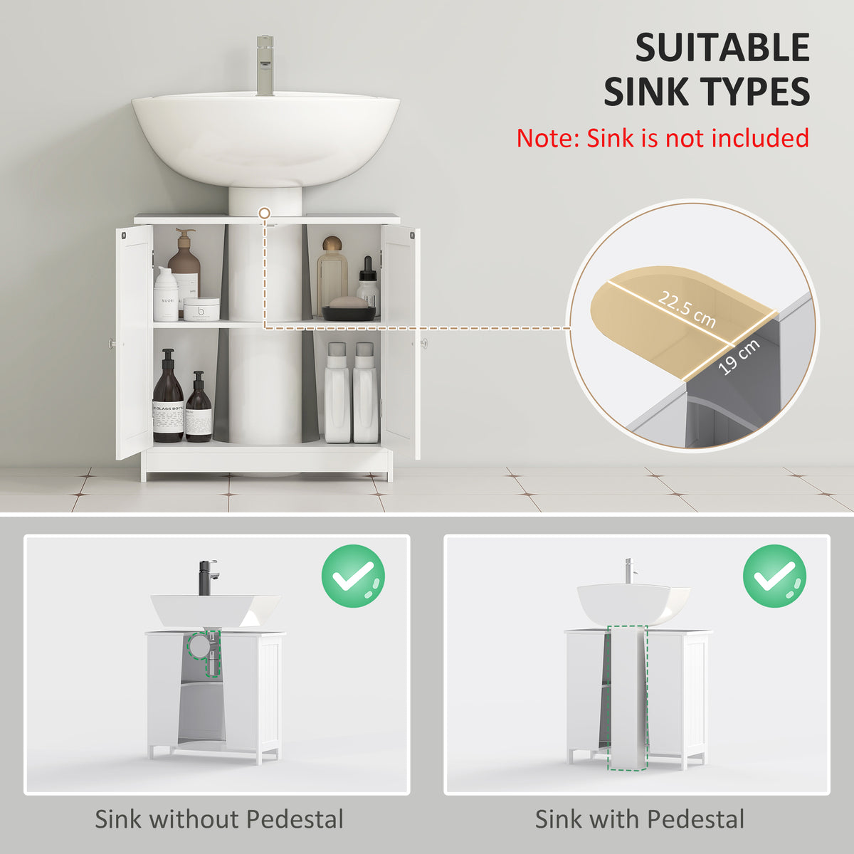 White HOMCOM under sink bathroom storage cabinet with two wooden layers, compact vanity unit for organizing bathroom essentials.