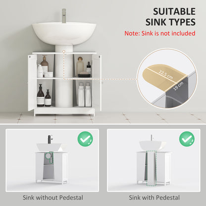 White HOMCOM under sink bathroom storage cabinet with two wooden layers, compact vanity unit for organizing bathroom essentials.