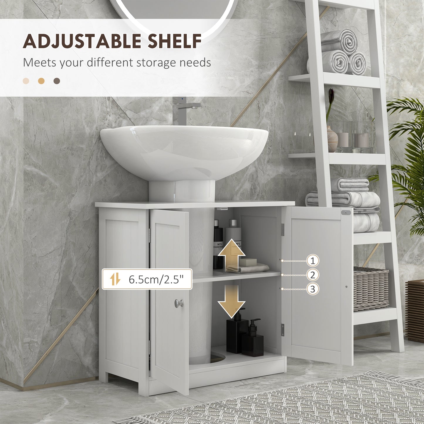 White HOMCOM under sink bathroom storage cabinet with two wooden layers, compact vanity unit for bathroom organization