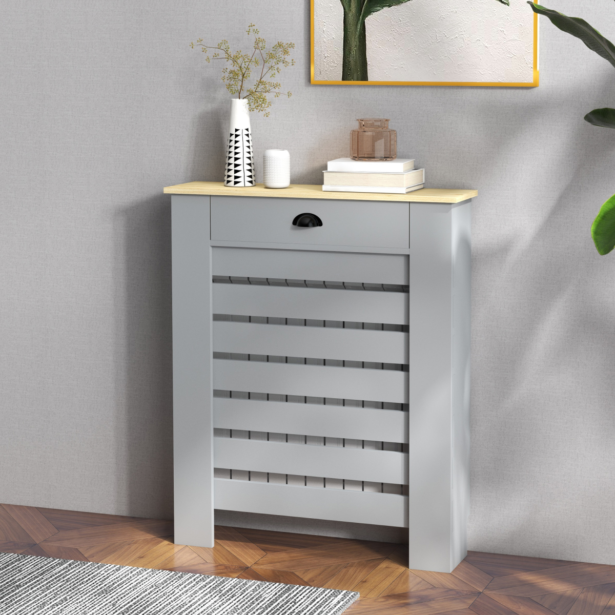 HOMCOM radiator cover with drawer, 78cm horizontal slat cabinet in wood finish, designed to conceal radiator and provide storage.