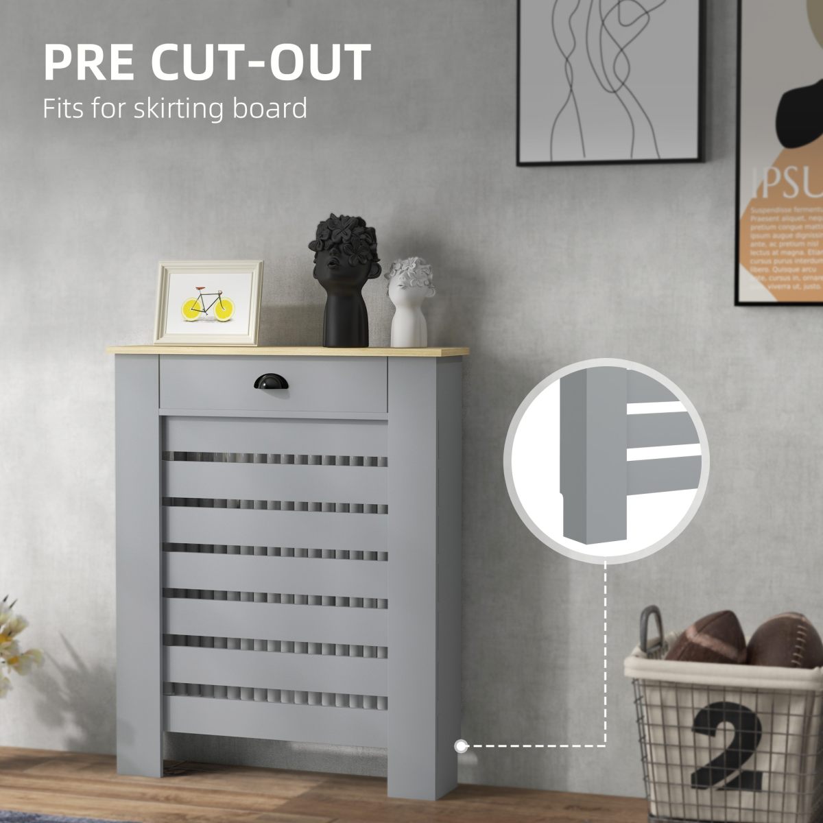 HOMCOM radiator cover with drawer, 78cm horizontal slat cabinet, beige finish, made of wood, designed for radiator concealment.