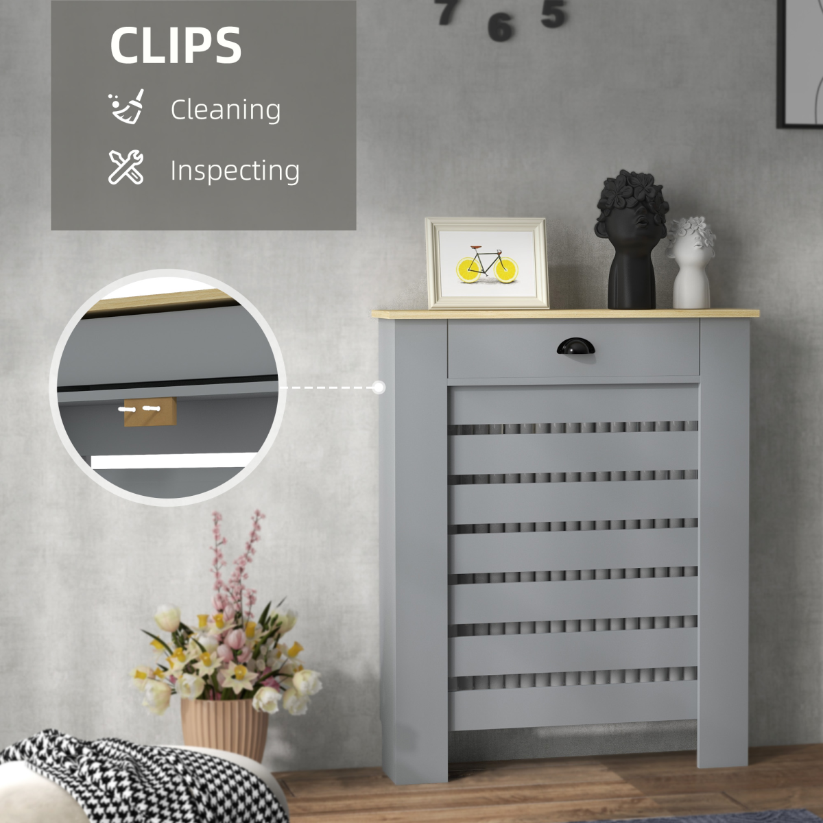 HOMCOM radiator cover with drawer, 78cm wide horizontal slat cabinet in a natural wood finish, enhances room decor.