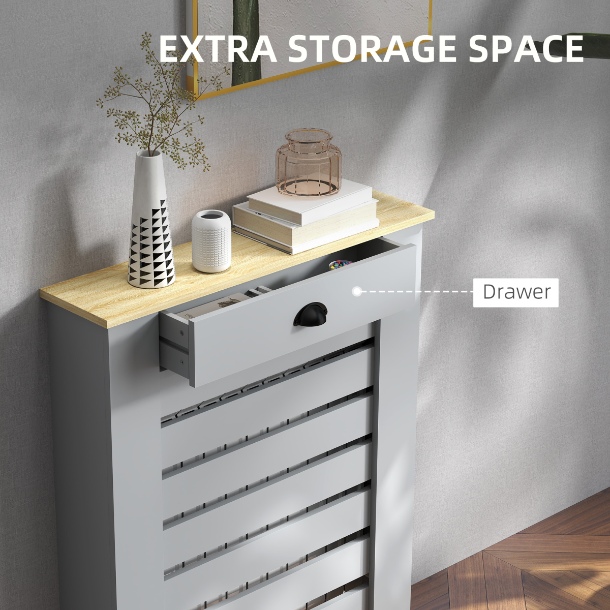 HOMCOM radiator cover with drawer, 78cm horizontal slat cabinet in wood finish, designed to conceal radiator and add storage space.