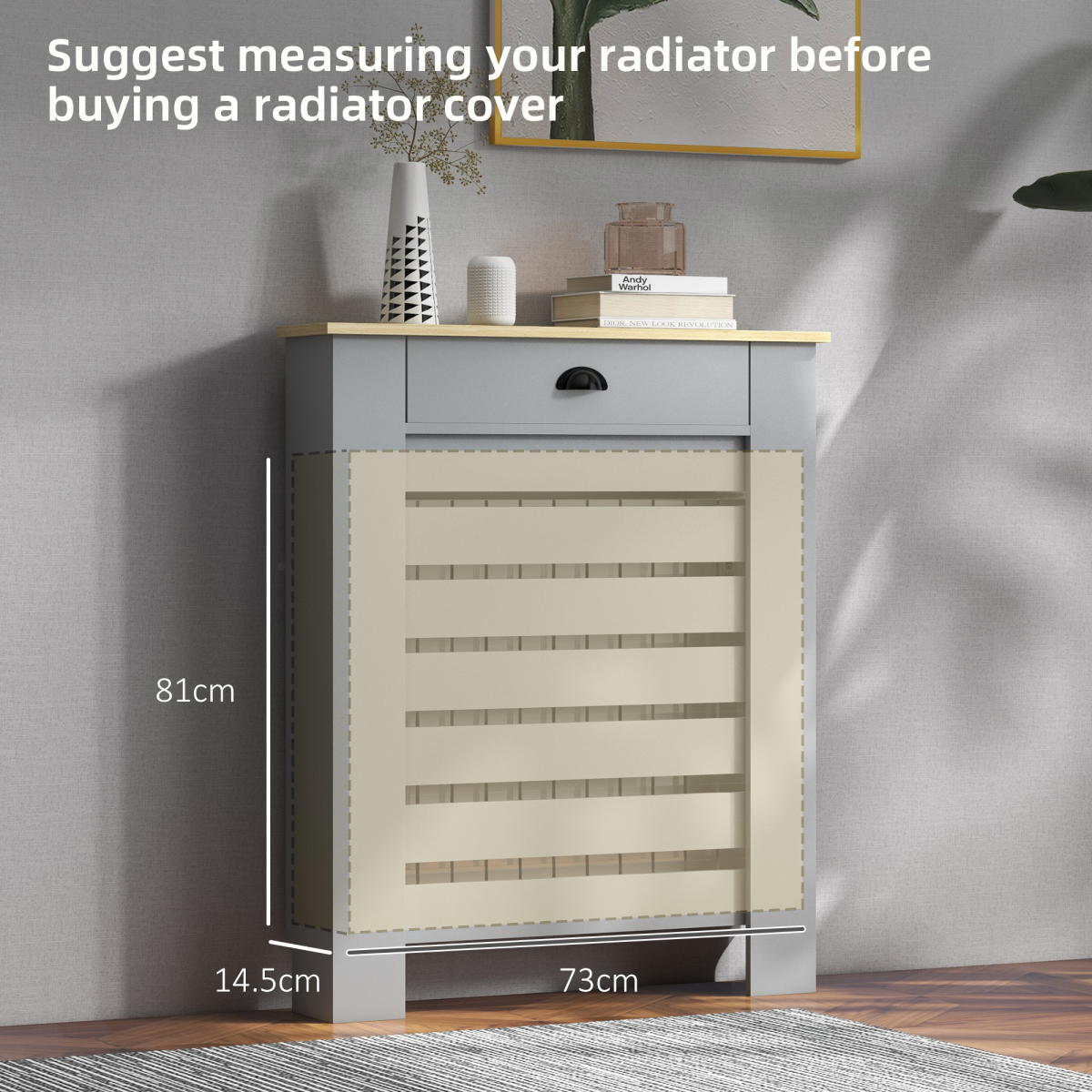 HOMCOM radiator cover with drawer, 78cm wide horizontal slat cabinet, made of wood, designed to conceal radiator and provide storage space.