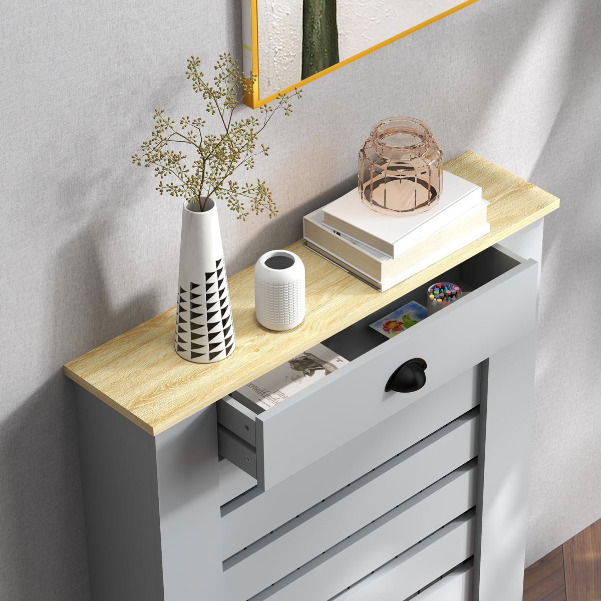 HOMCOM 78cm radiator cover with drawer, horizontal slat design, wood finish, and storage drawer for living room decor.