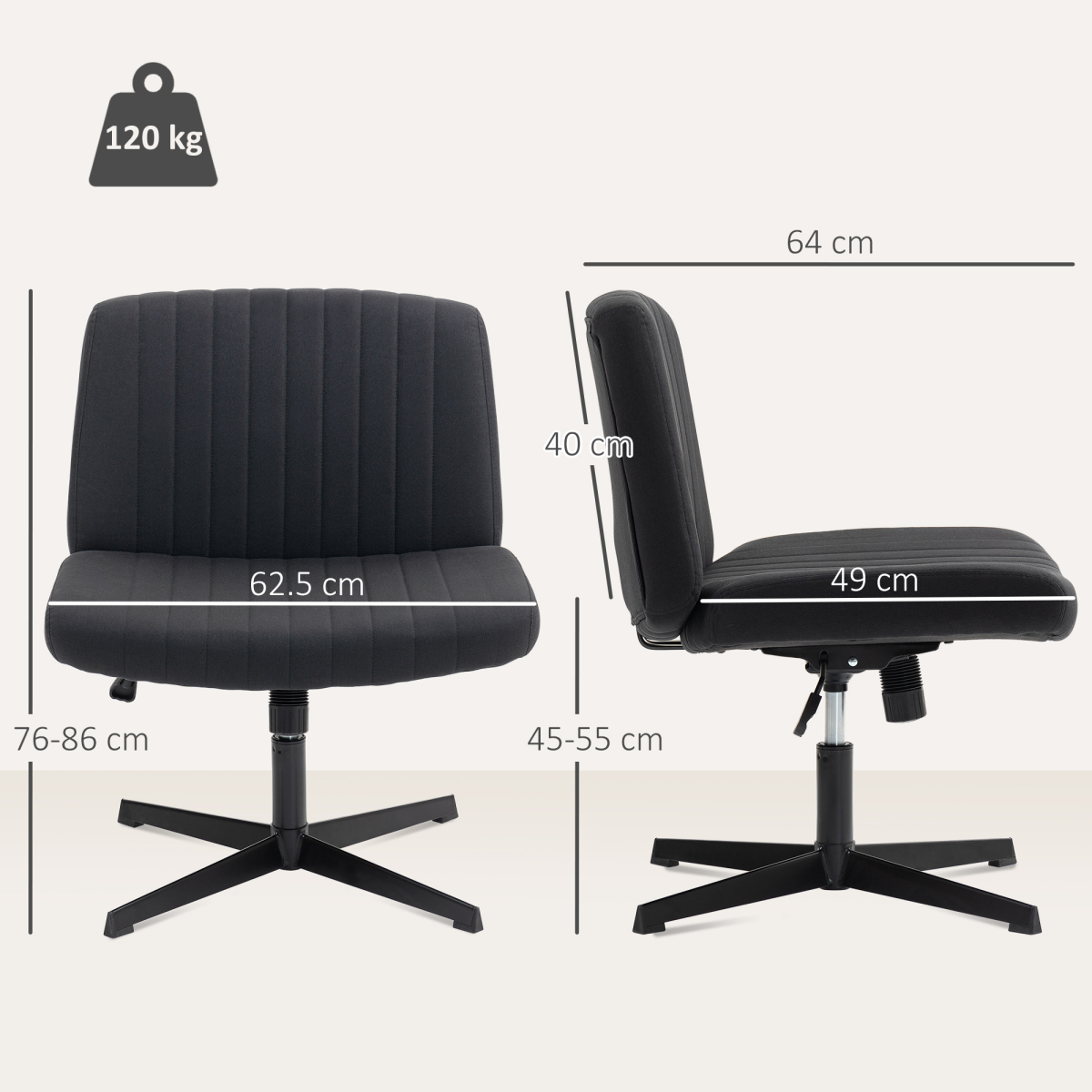 Black linen criss-cross HOMCOM office chair with wide armless design and tilt function for comfortable desk seating.