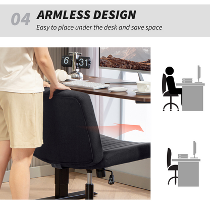 Black linen HOMCOM criss-cross office chair with armless design and tilt function, ideal for desk and office use