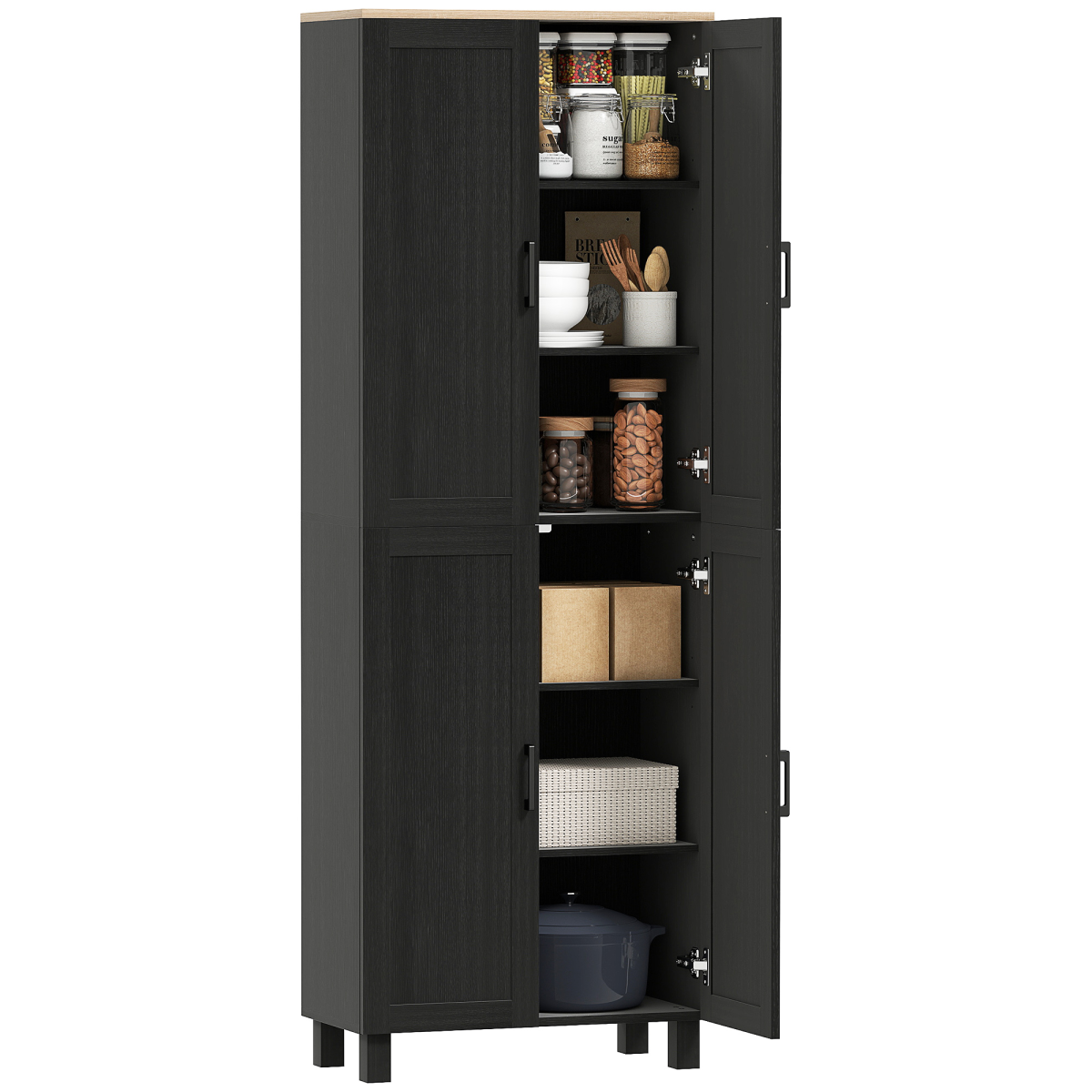 Black HOMCOM modern kitchen cupboard with four shelves for organized storage and sleek design.