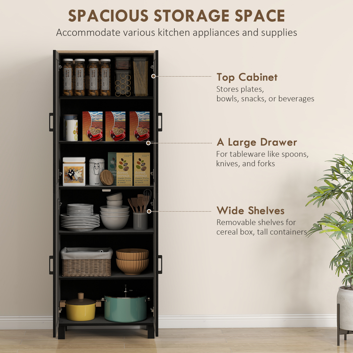 Black HOMCOM modern kitchen cupboard storage cabinet with four shelves for organized kitchen storage.