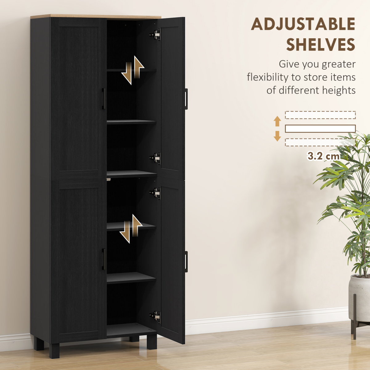 Homcom black modern kitchen cupboard storage cabinet with four shelves, ideal for organizing kitchen essentials.