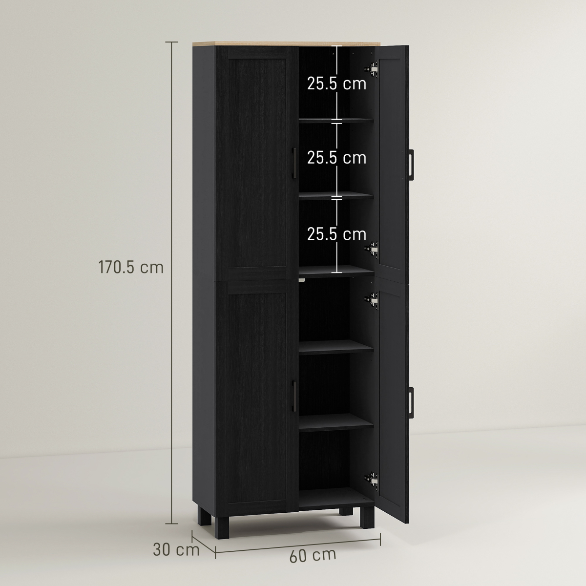 Modern black HOMCOM kitchen cupboard storage cabinet with four shelves for organized kitchen storage and versatile use.