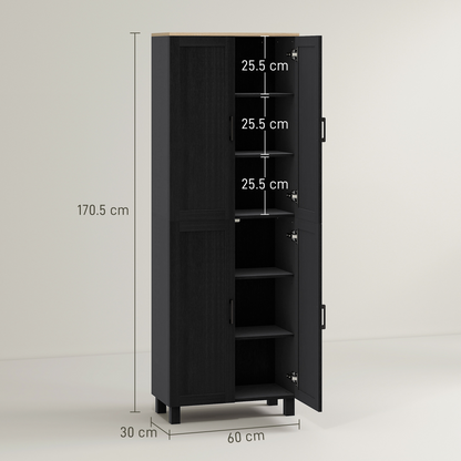 Modern black HOMCOM kitchen cupboard storage cabinet with four shelves for organized kitchen storage and versatile use.