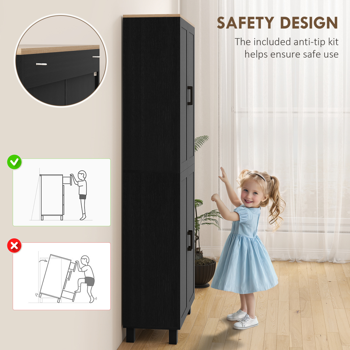 Black HOMCOM modern kitchen cupboard with four shelves, ideal for storage and organization in contemporary kitchens.