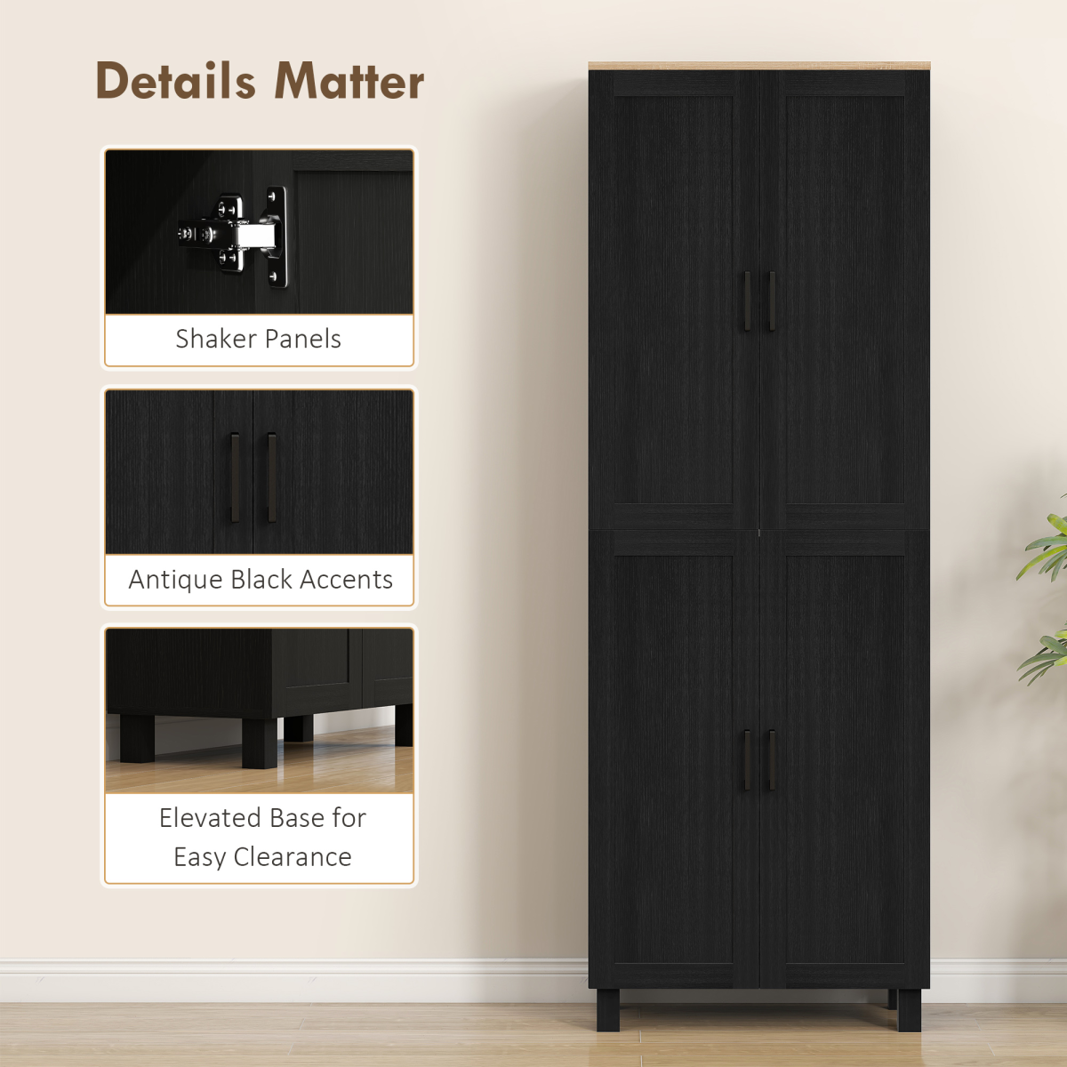 Black HOMCOM modern kitchen cupboard with four shelves, versatile storage cabinet for organized kitchen space
