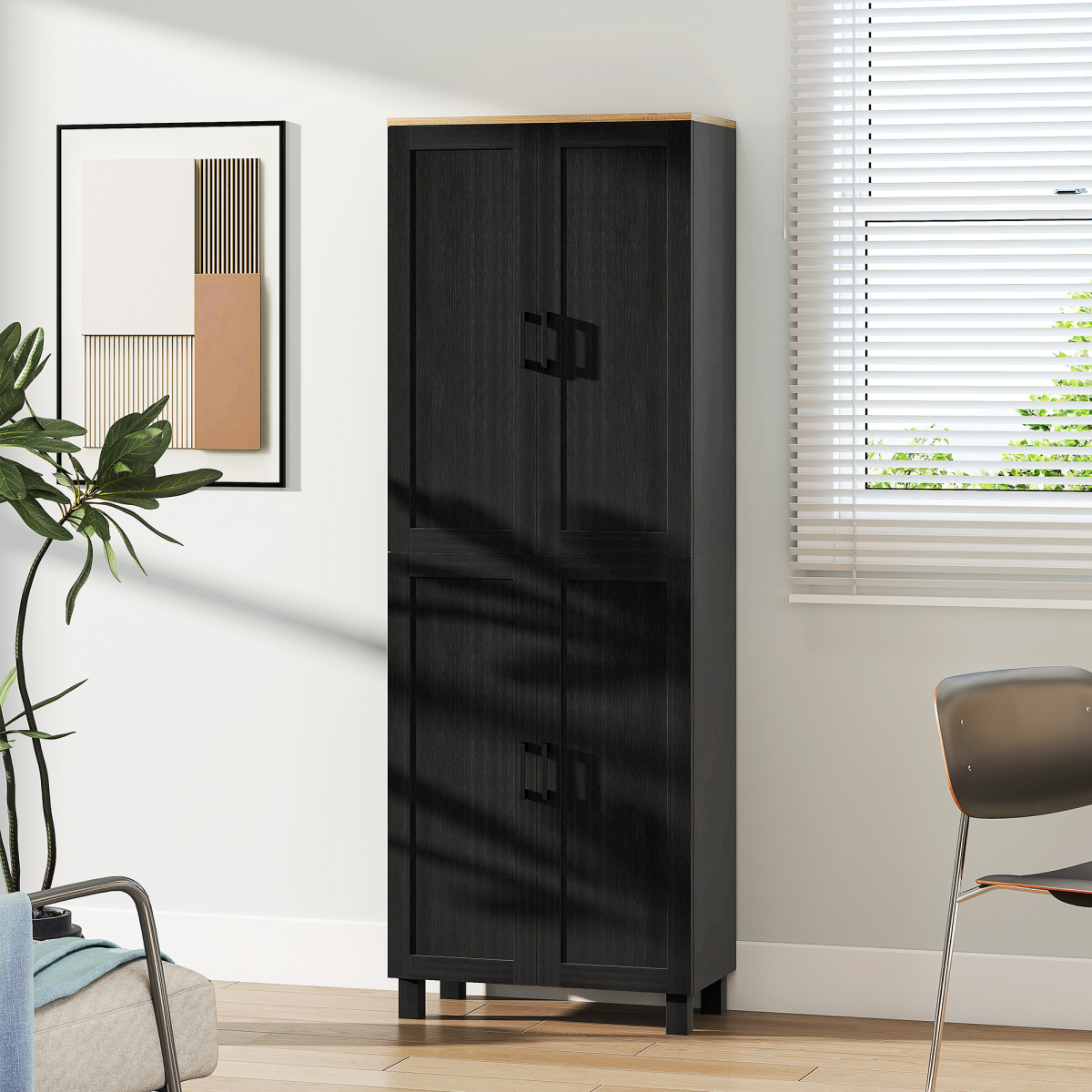 Black HOMCOM modern kitchen cupboard storage cabinet with four shelves, ideal for organizing kitchen essentials.