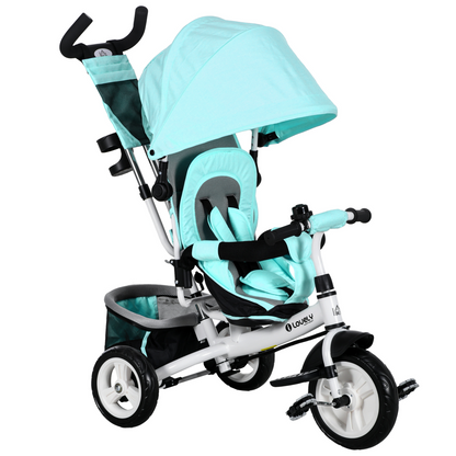 Green HOMCOM 6-in-1 kids' trike stroller with parent handle, featuring a sturdy frame and adjustable seat for young children.
