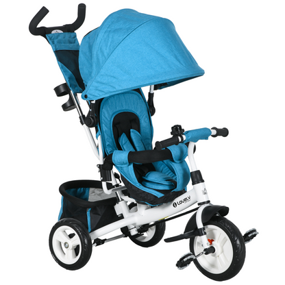 Green HOMCOM 6-in-1 kids trike stroller with parent handle, adjustable seat and safety features, suitable for young children.