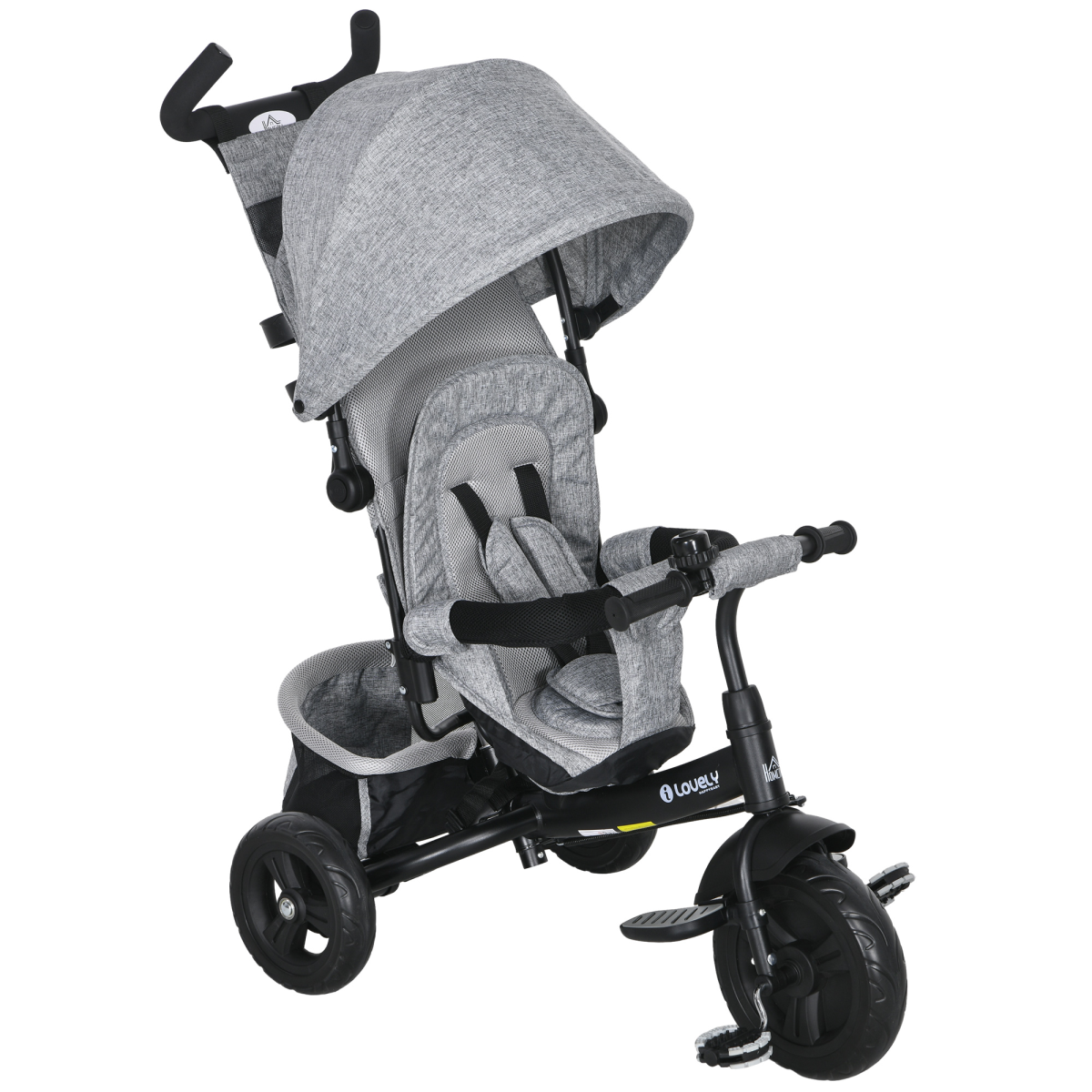 Green HOMCOM 6-in-1 kids trike stroller with parent handle, featuring adjustable seat and safety harness for young children.