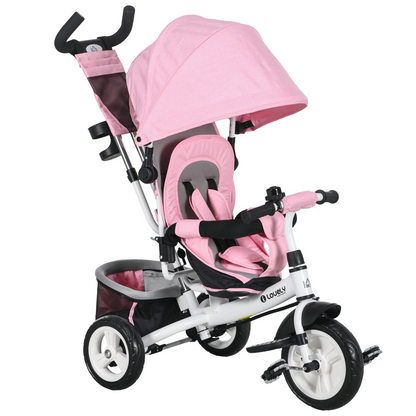 Green 6-in-1 kids trike stroller with parent handle by HOMCOM, featuring adjustable seat and safety features for children.