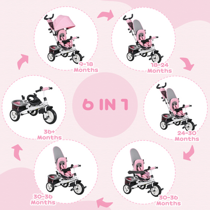 Green 6-in-1 kids trike stroller with parent handle by HOMCOM, featuring adjustable seat and safety harness for children.