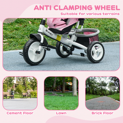 Green HOMCOM 6-in-1 kids' trike stroller with parent handle, adjustable seat and safety features for children.
