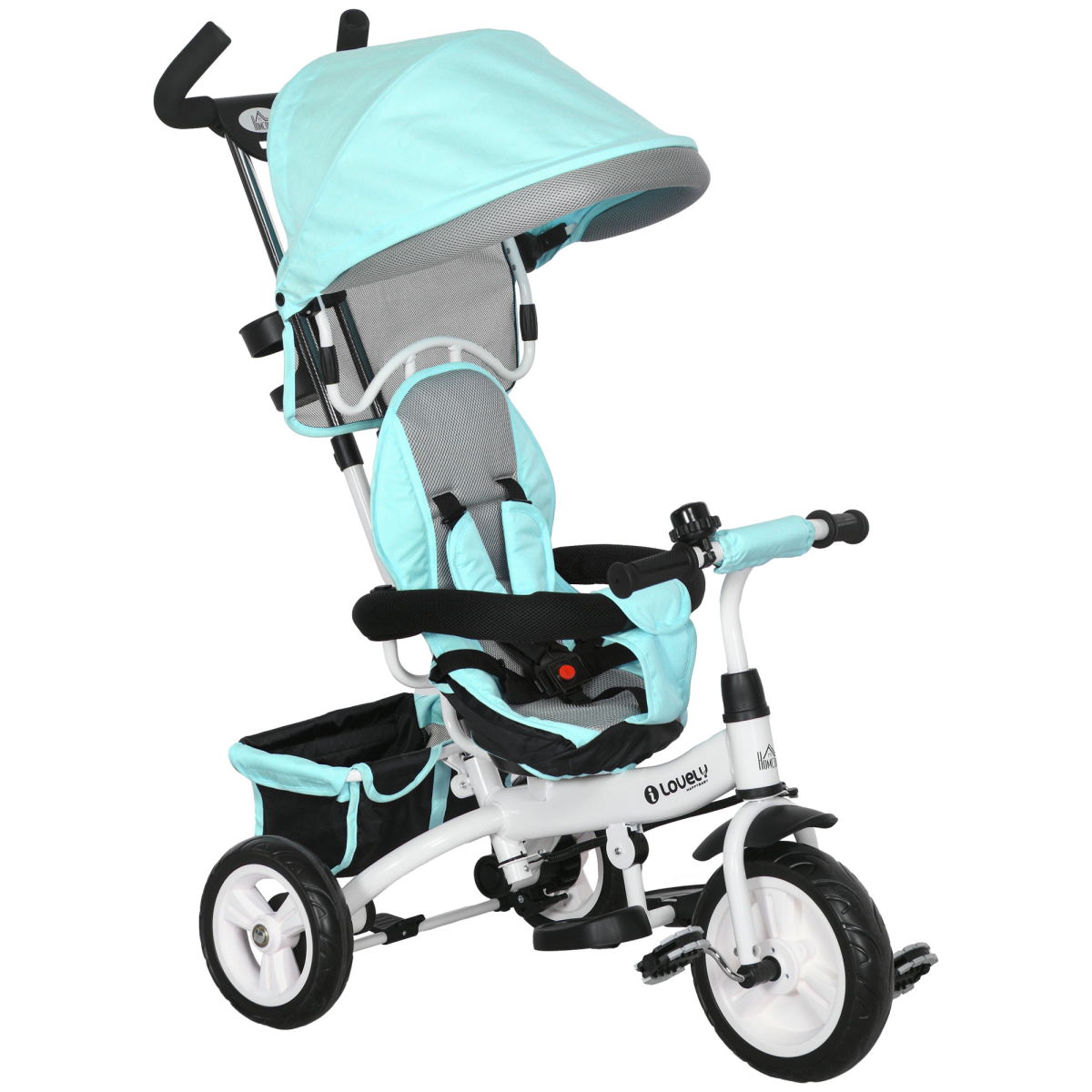 Green 6-in-1 kids trike and stroller with parent handle by HOMCOM, featuring a sturdy design for children.