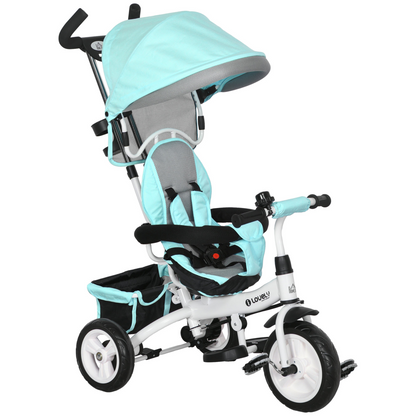 Green 6-in-1 kids trike and stroller with parent handle by HOMCOM, featuring a sturdy design for children.