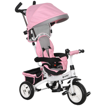 Green 6-in-1 kids trike stroller with parent handle by HOMCOM, featuring adjustable seat and safety harness for young children.
