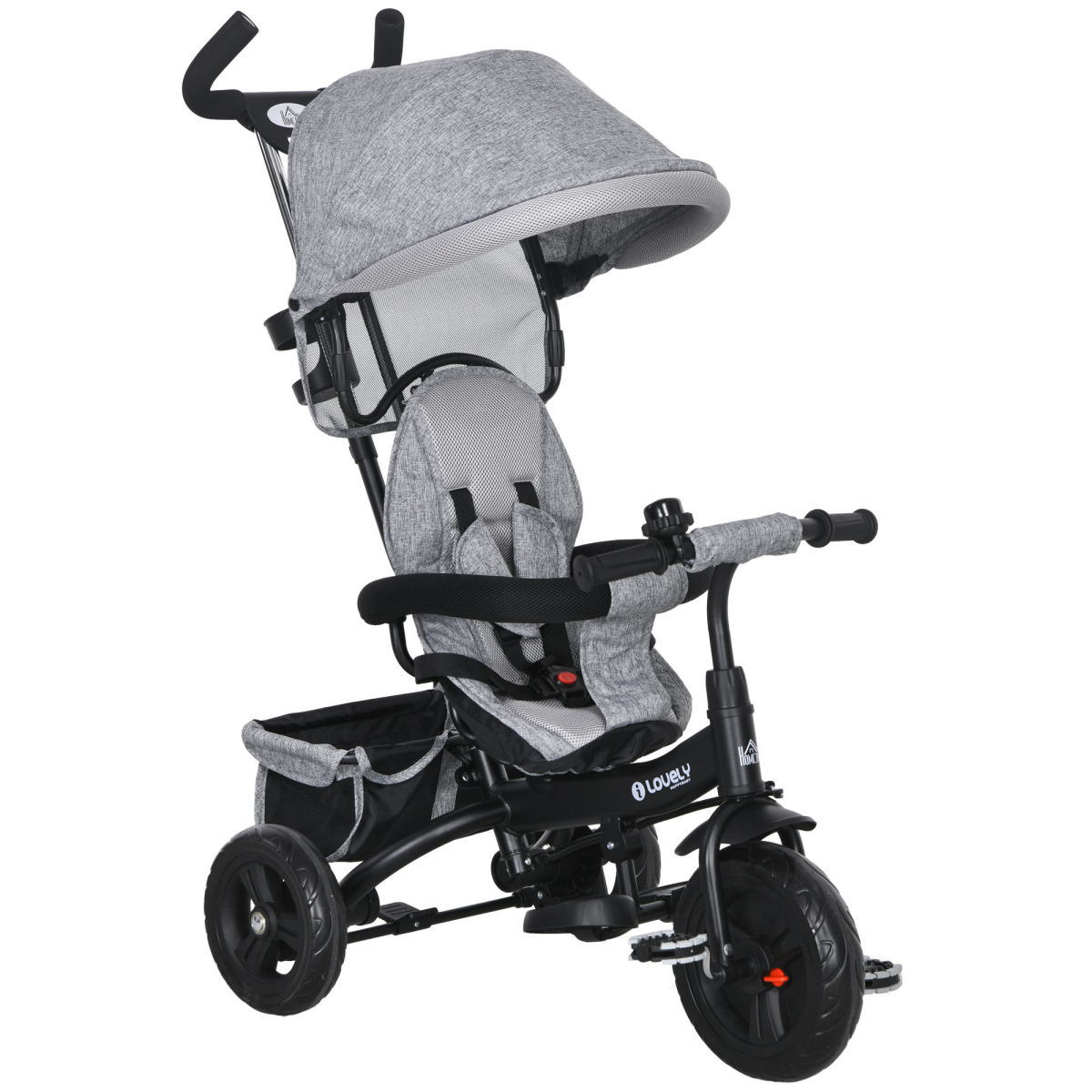 Green 6-in-1 kids trike stroller with parent handle, made by HOMCOM, featuring a durable frame and adjustable seating for children.