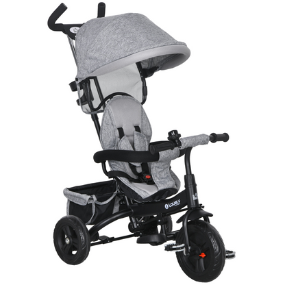 Green 6-in-1 kids trike stroller with parent handle, made by HOMCOM, featuring a durable frame and adjustable seating for children.