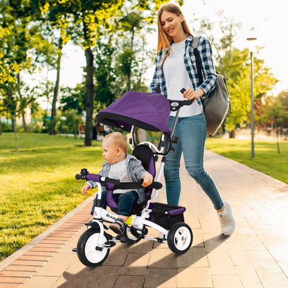 Green HOMCOM 6-in-1 kids trike stroller with parent handle, adjustable seat and safety features for young children.