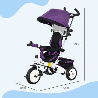 Green 6-in-1 kids trike and stroller with parent handle by HOMCOM, showing the versatile design for young children.