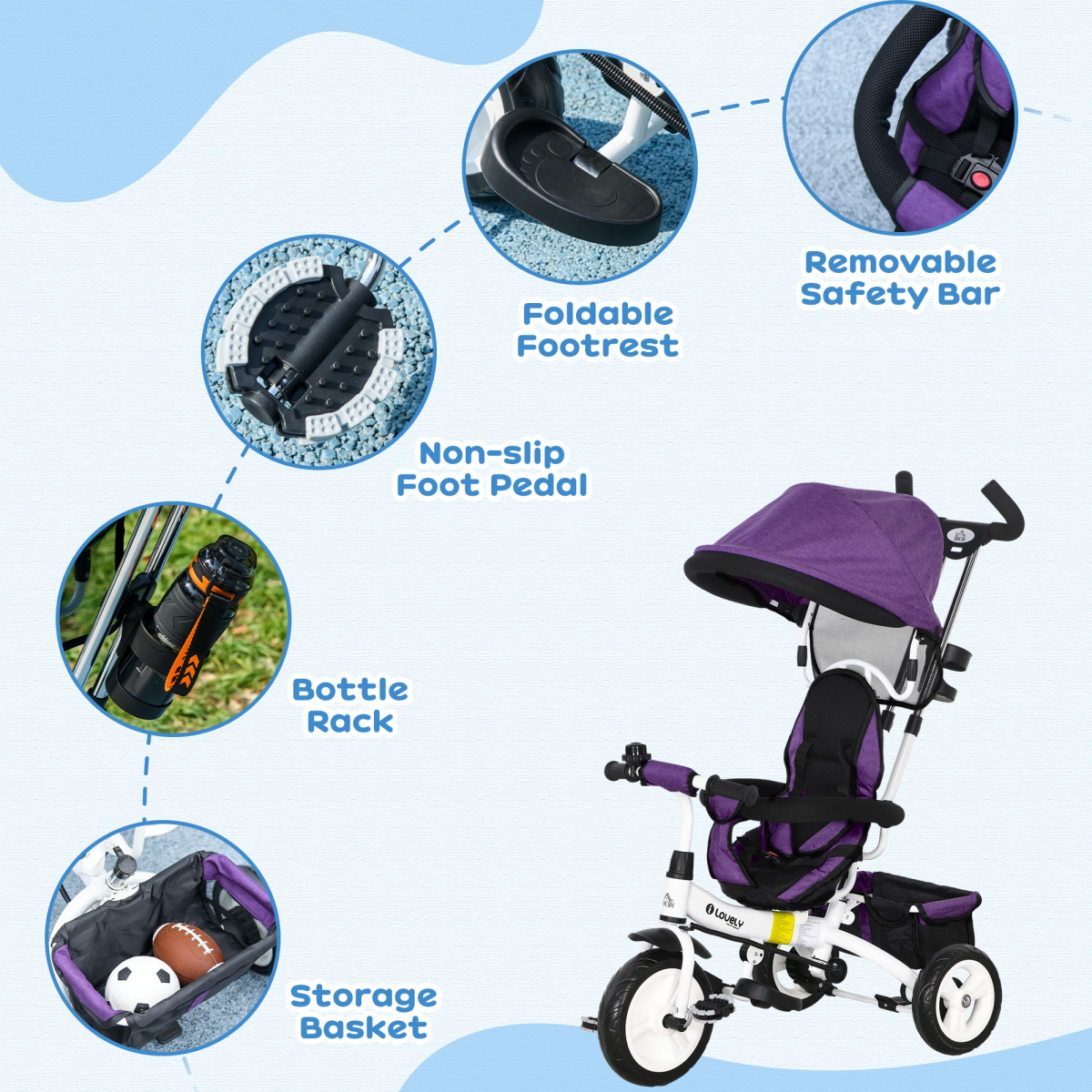 Green 6-in-1 kids trike stroller with parent handle by HOMCOM, featuring adjustable seat and safety features for children.