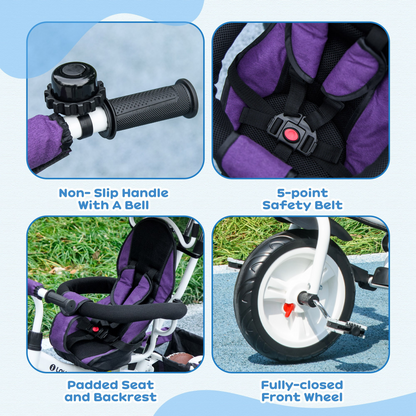 Green HOMCOM 6-in-1 kids trike stroller with parent handle, suitable for young children and adjustable for growth.
