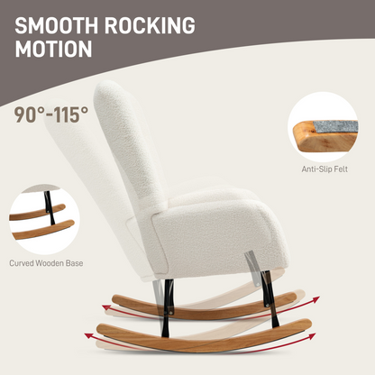Cream HOMCOM comfort rocking chair with teddy fleece upholstery and supportive design for cozy relaxation.