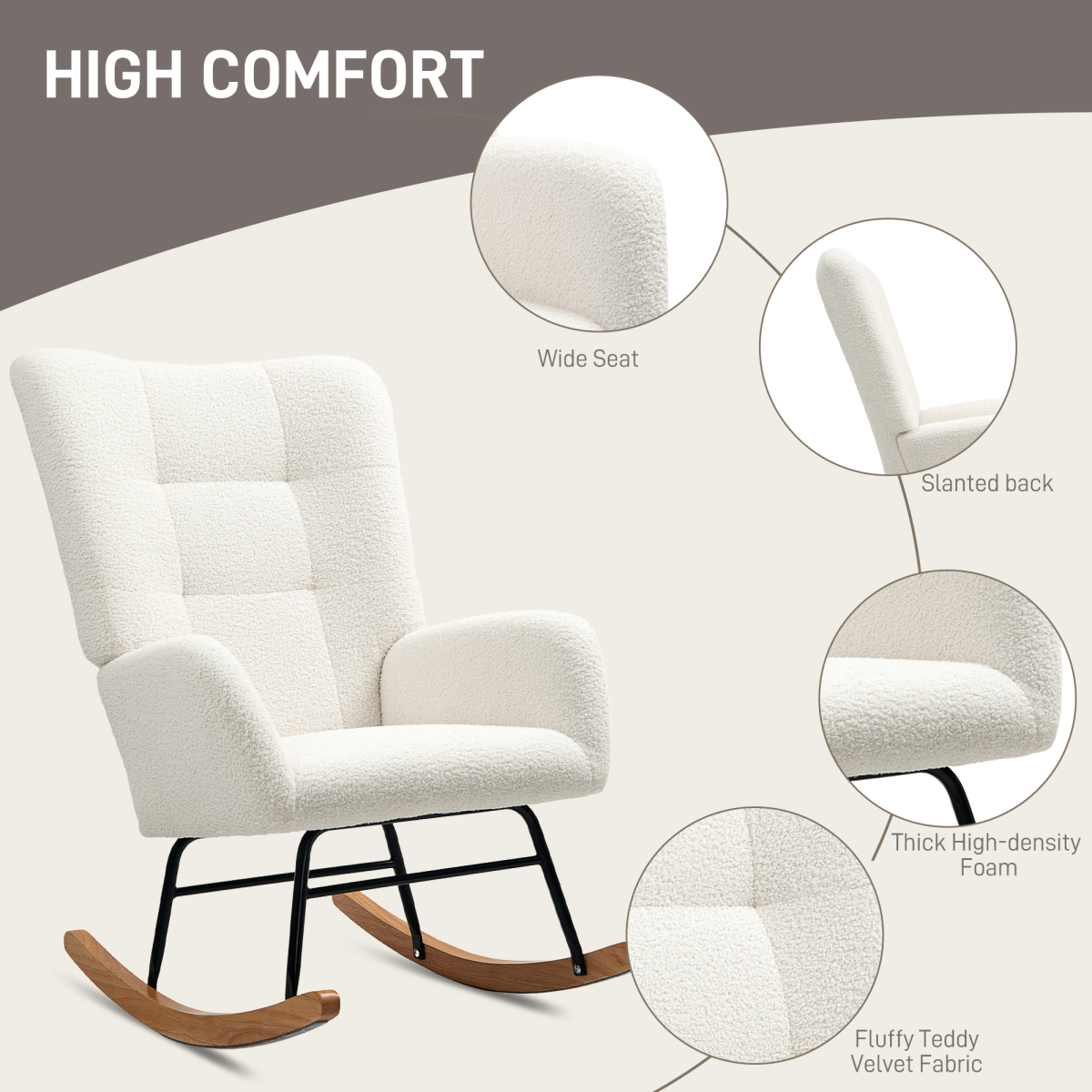 Cream HOMCOM comfort rocking chair with teddy fleece upholstery and supportive design, ideal for relaxing in living rooms.