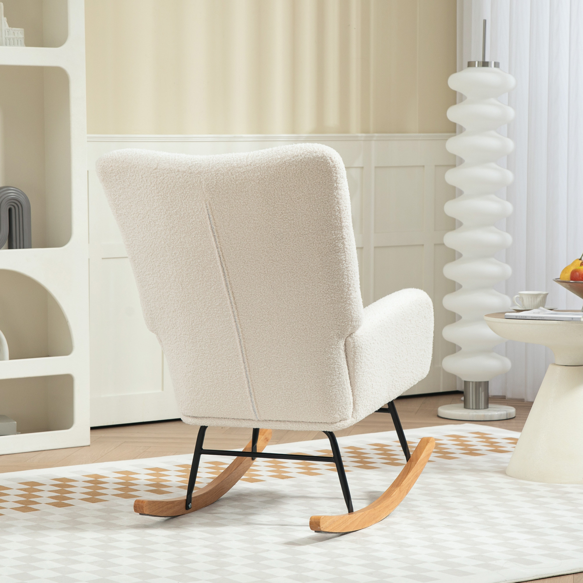 Cream HOMCOM comfort rocking chair with teddy fleece upholstery and supportive design for cozy relaxation.