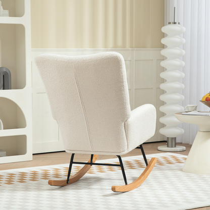 Cream HOMCOM comfort rocking chair with teddy fleece upholstery and supportive design for cozy relaxation.