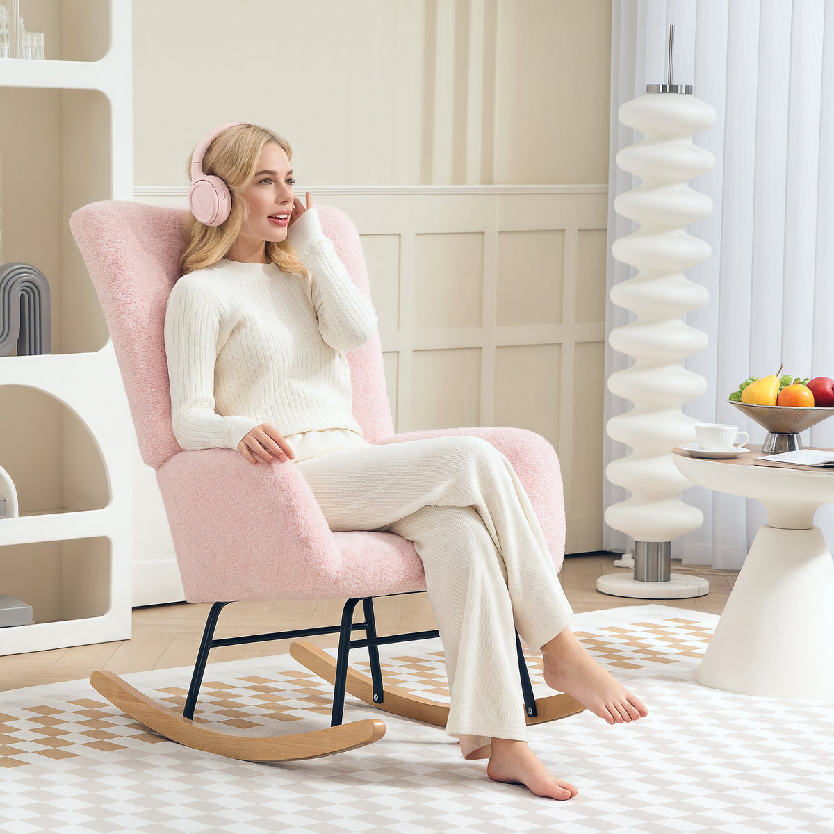 Cream HOMCOM comfort rocking chair with teddy fleece upholstery and supportive design, ideal for cozy relaxation.