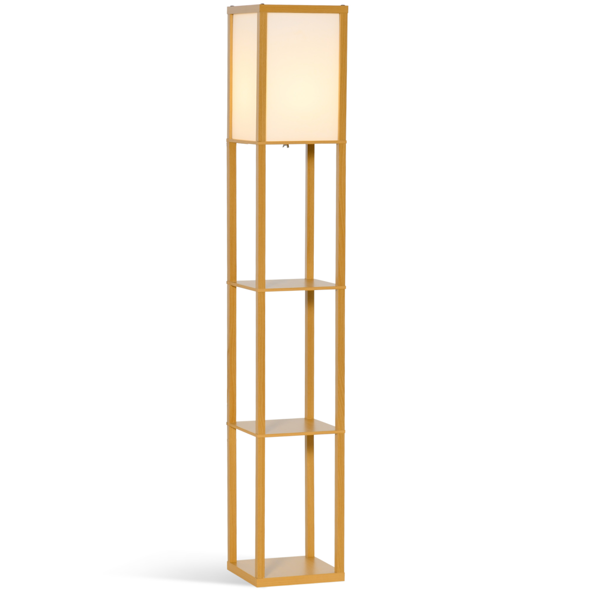 HOMCOM 4-tier floor lamp with built-in storage shelf, black metal frame and wooden shelves, modern lighting and organization solution.